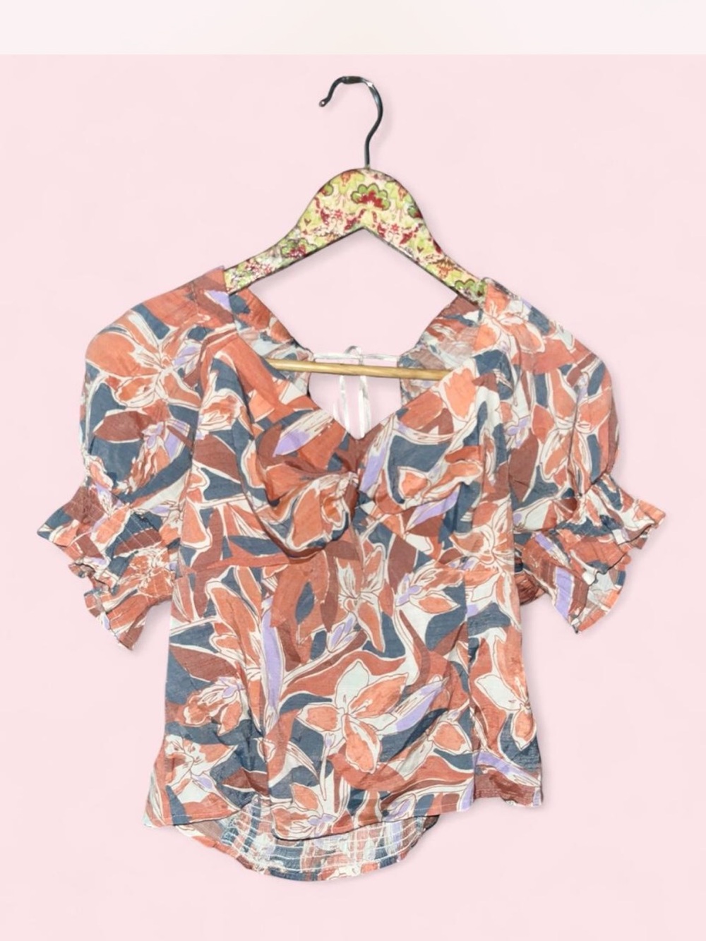 Nine West Coral and Blue Floral Ruffle-Sleeve Blouse